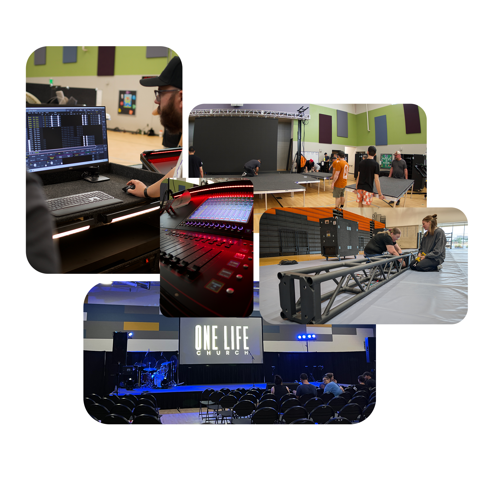 Portable Church production setup inside a school gym with volunteers running sound, lighting, and staging equipment.